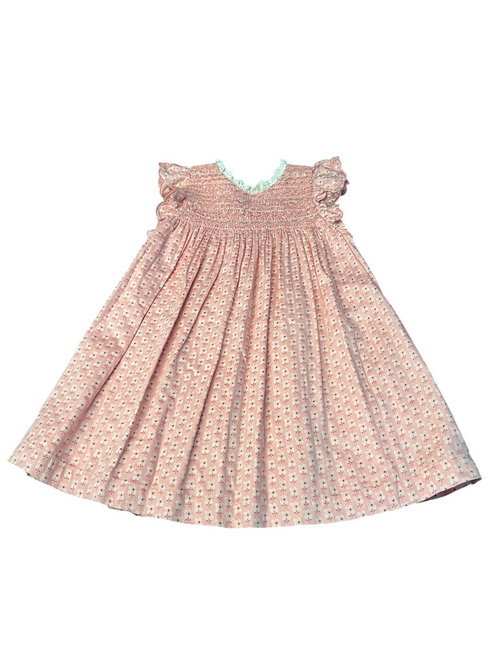 Next Girl’s Floral Pink And Cream Cotton Kids Dress With Smocking